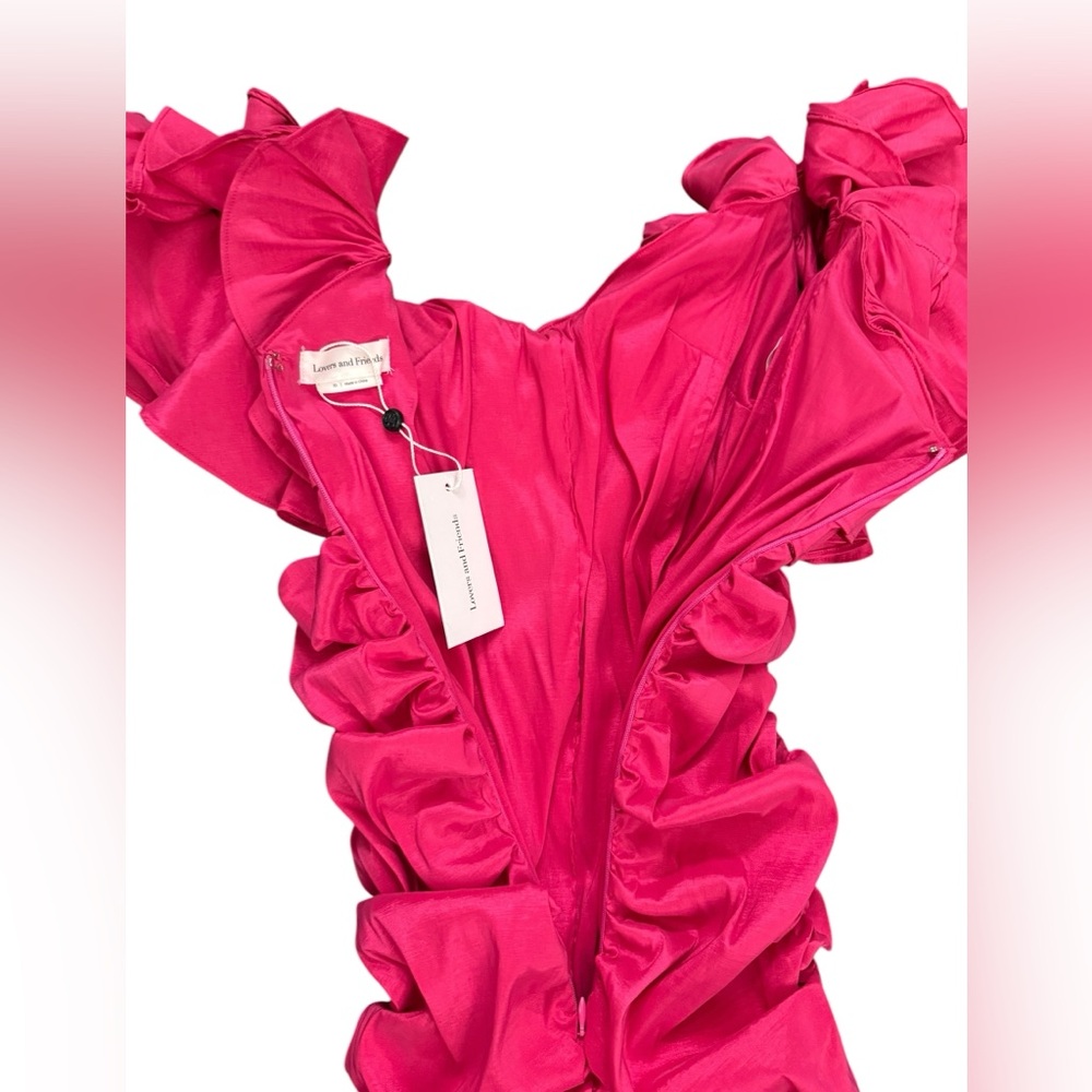 NWT Lovers + Friends Nikolina Ruffles Off-Shoulder Ruched Dress in Magenta Sz S - Picture 11 of 15